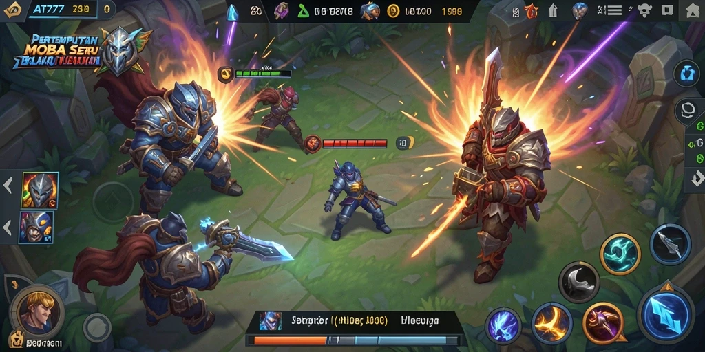 Screenshot gameplay <strong>AT777</strong> menampilkan aksi pertempuran intens antara hero di arena.