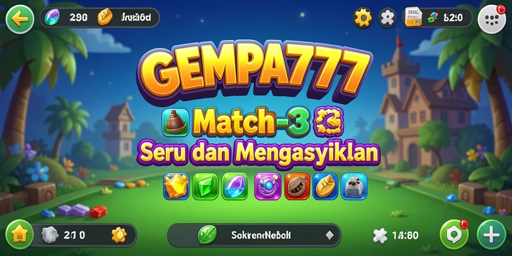 Screenshot utama GEMPA777 menunjukkan gameplay seru di level Match-3.