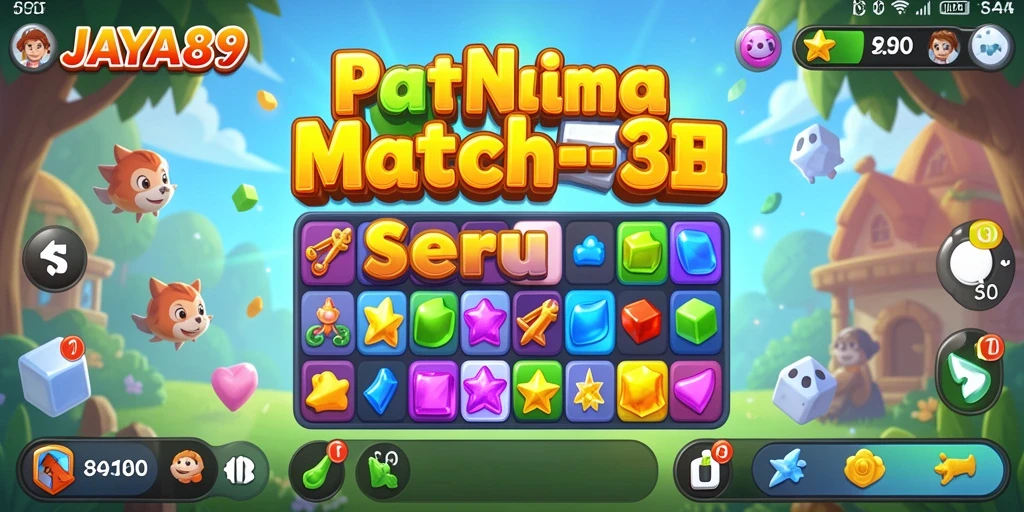Tampilan gameplay JAYA89 dengan elemen Match-3 yang penuh warna.